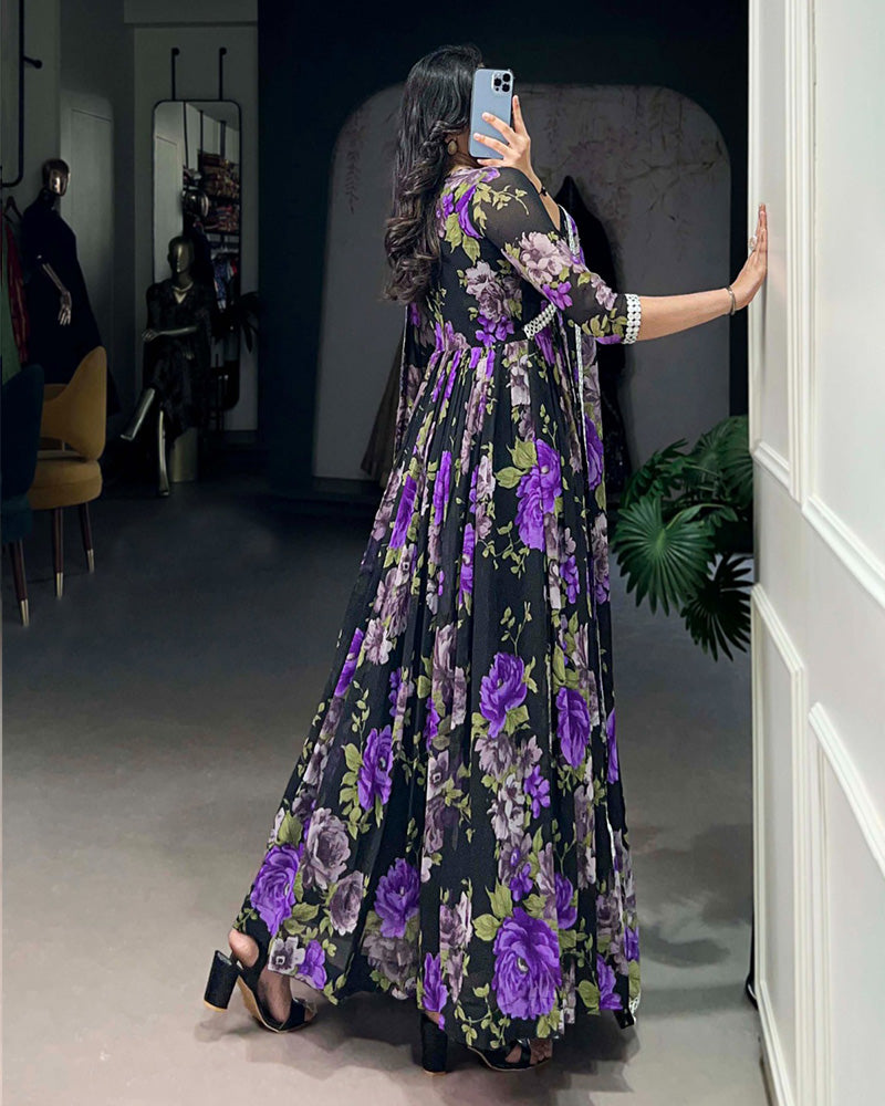 Black And Purple Color Floral Printed Georgette Gown
