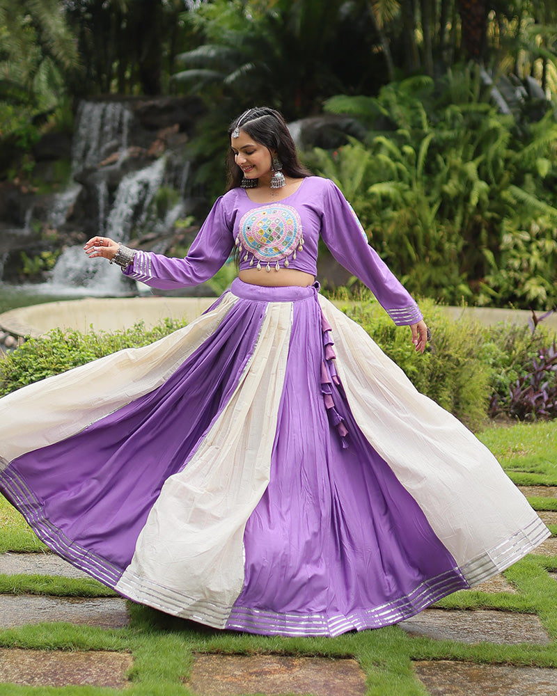 White And Lavender Color Rayon And Cotton Navratri Lehenga Choli