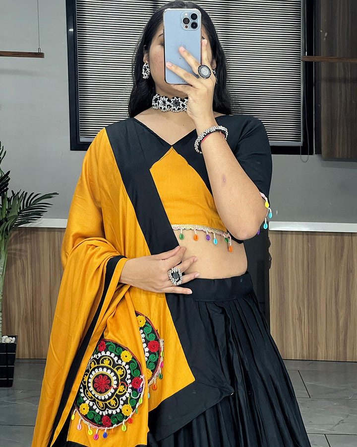 Mustard And Black Color Pure Rayon Cotton Navratri Lehenga Choli