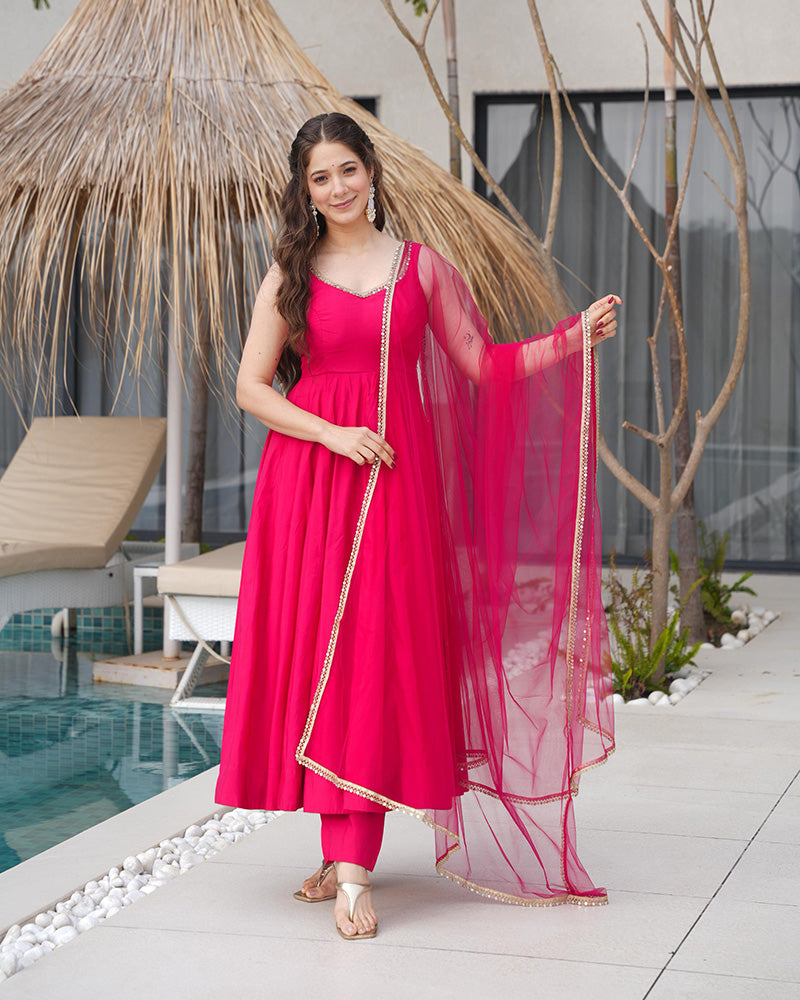 Rani Pink Color Chanderi Pure Roman Silk Anarkali Suit