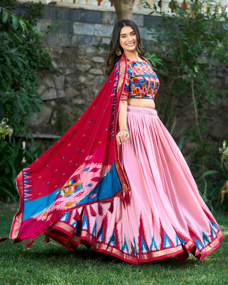 Peach Color Tussar Silk Printed Navratri Lehenga Choli
