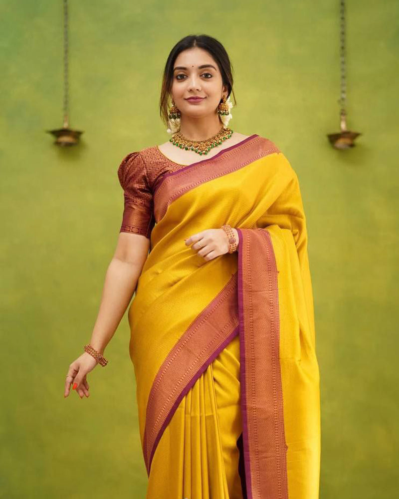 Mustard Yellow Soft Lichi Silk Saree
