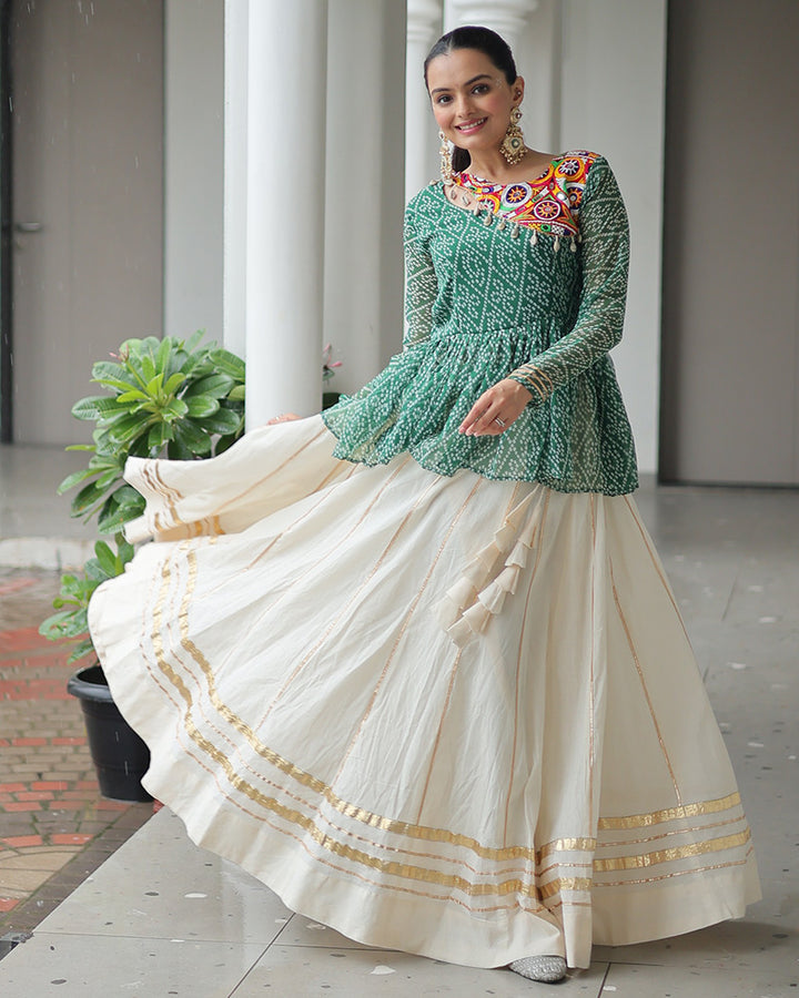 Green Bandhani Style Peplum Choli With Kora Cotton Lehenga