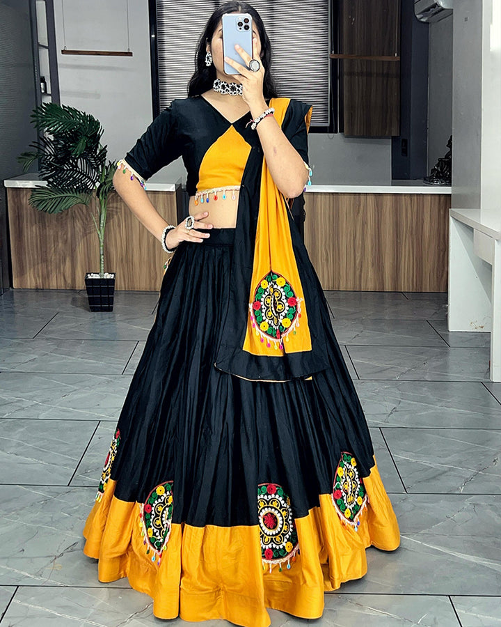 Mustard And Black Color Pure Rayon Cotton Navratri Lehenga Choli