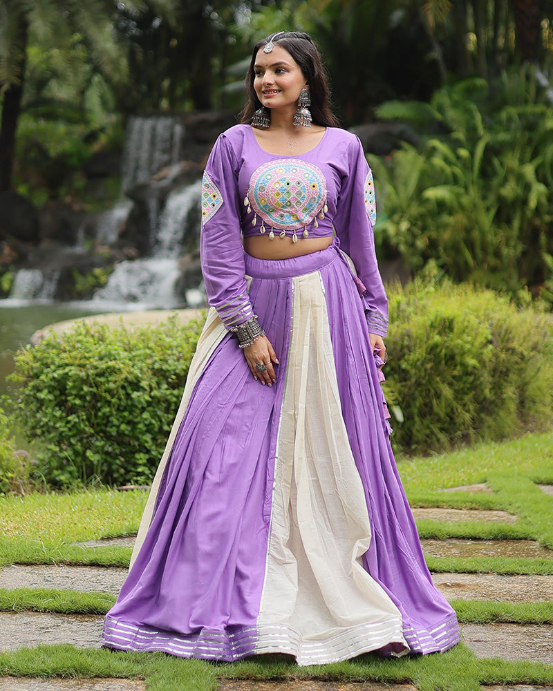 White And Lavender Color Rayon And Cotton Navratri Lehenga Choli
