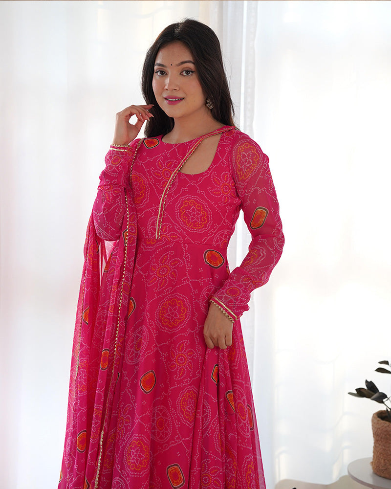 Pink Color Bandhej Print Soft Chiffon Stylish Neck Three Piece Anarkali Gown