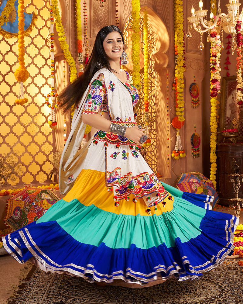 Traditional White Multi Color Thread And Mirror Work Lehenga Choli