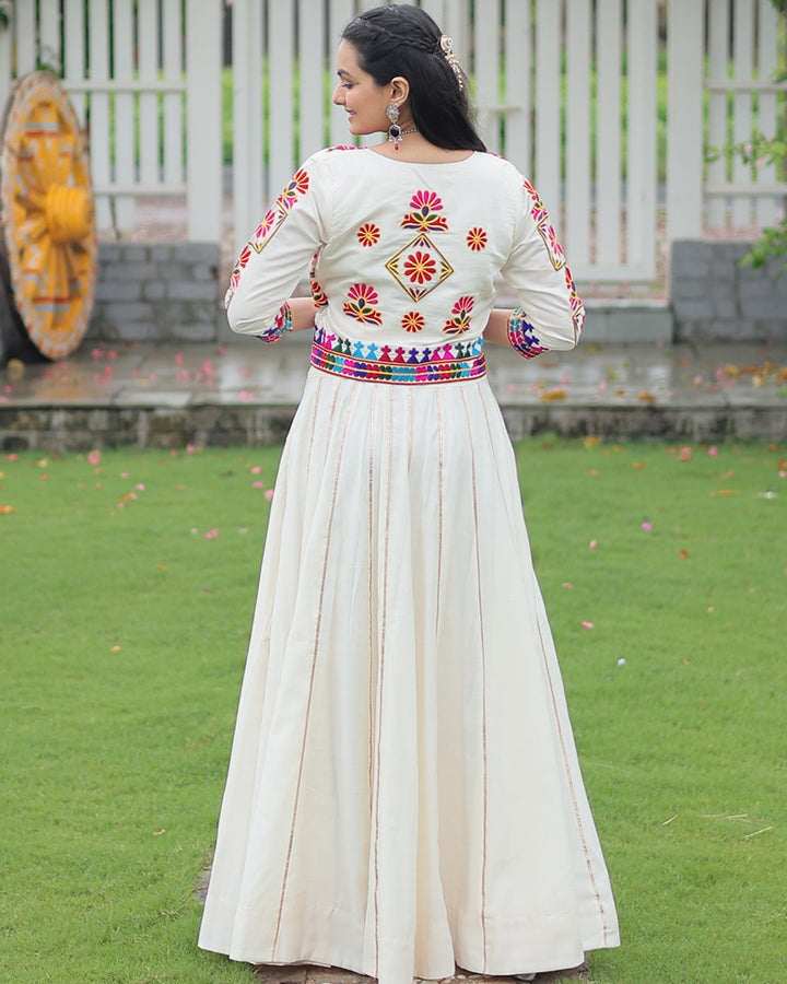 Elegant Off-White Mirror Work Navratri Lehenga With Jacket Style Blouse