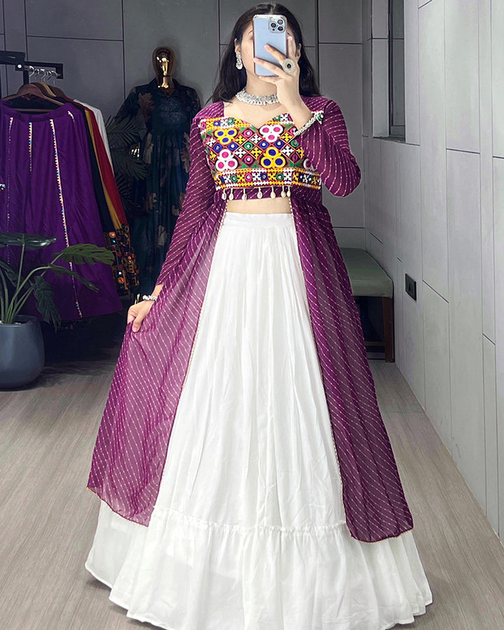 Wine Color Georgette Kurti With Rayon Lehenga
