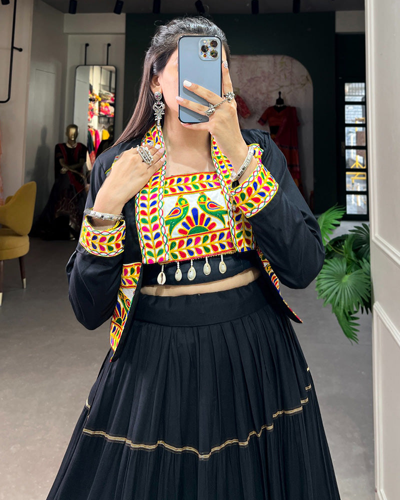 Black Color Pure Rayon Gamthi Navratri Lehenga Choli