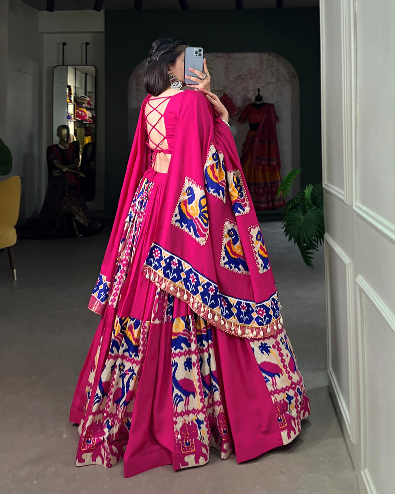 Pink Color Rayon Silk Printed Fully Stitched Navratri Lehenga Choli