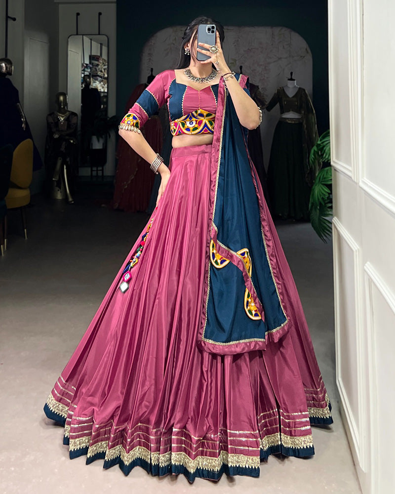Graceful Pink And Navy Blue Silk Crape Lehenga Choli With Elegant Dupatta