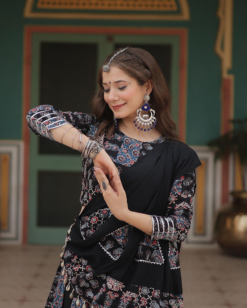 Black Color Rayon Printed Navratri Lehenga Choli