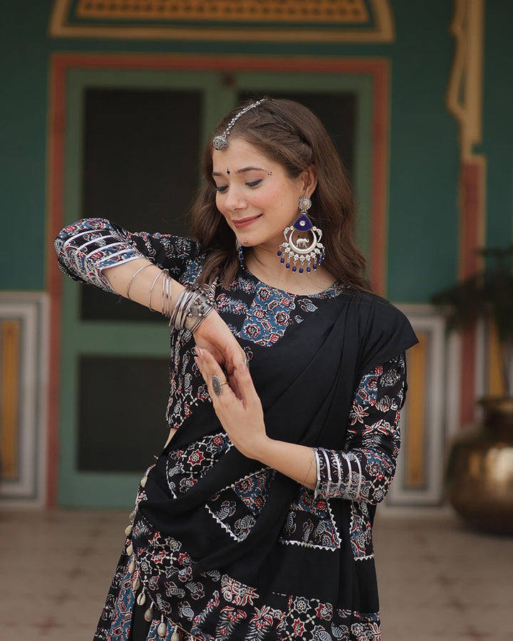 Black Color Rayon Printed Navratri Lehenga Choli