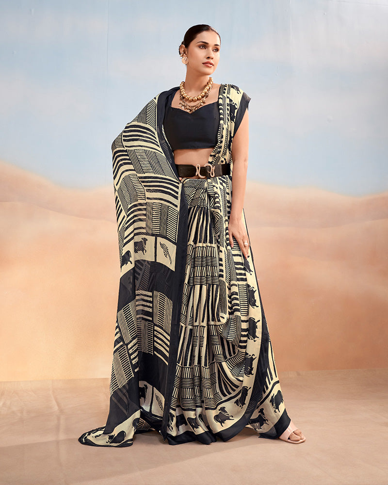 Black Color Satin Chiffon Printed Saree
