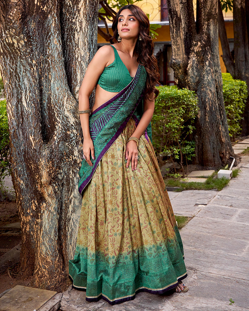 Firozi Color Vichitra Silk Printed Lehenga Choli