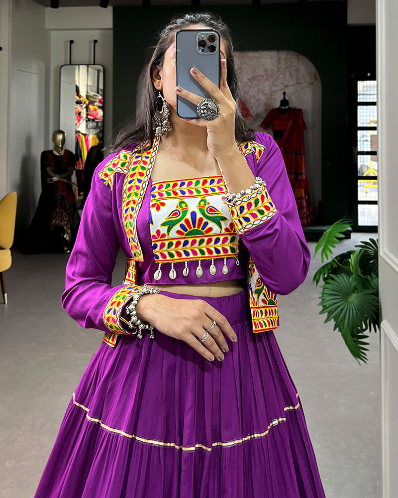 Purple Color Pure Rayon Gamthi Navratri Lehenga Choli