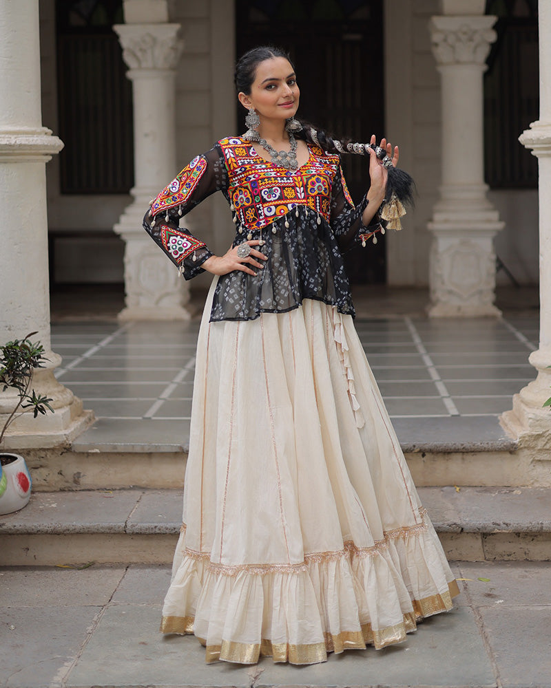 Vibrant Gamthi Work Black Kediya With Off-White Traditional Lehenga