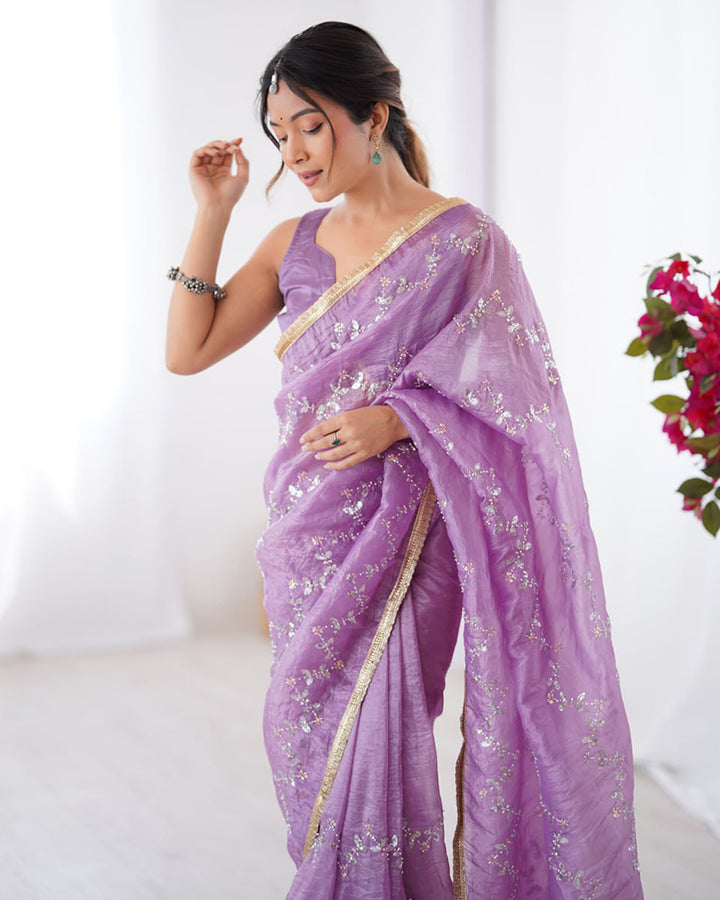 Lavender Color Smooth Gold Crush Embroidered Saree