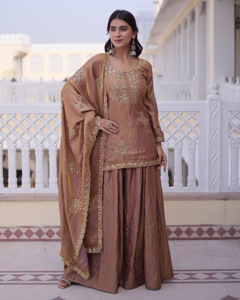 Chikoo Color Fendi Crush Embroidered Plazzo Suit