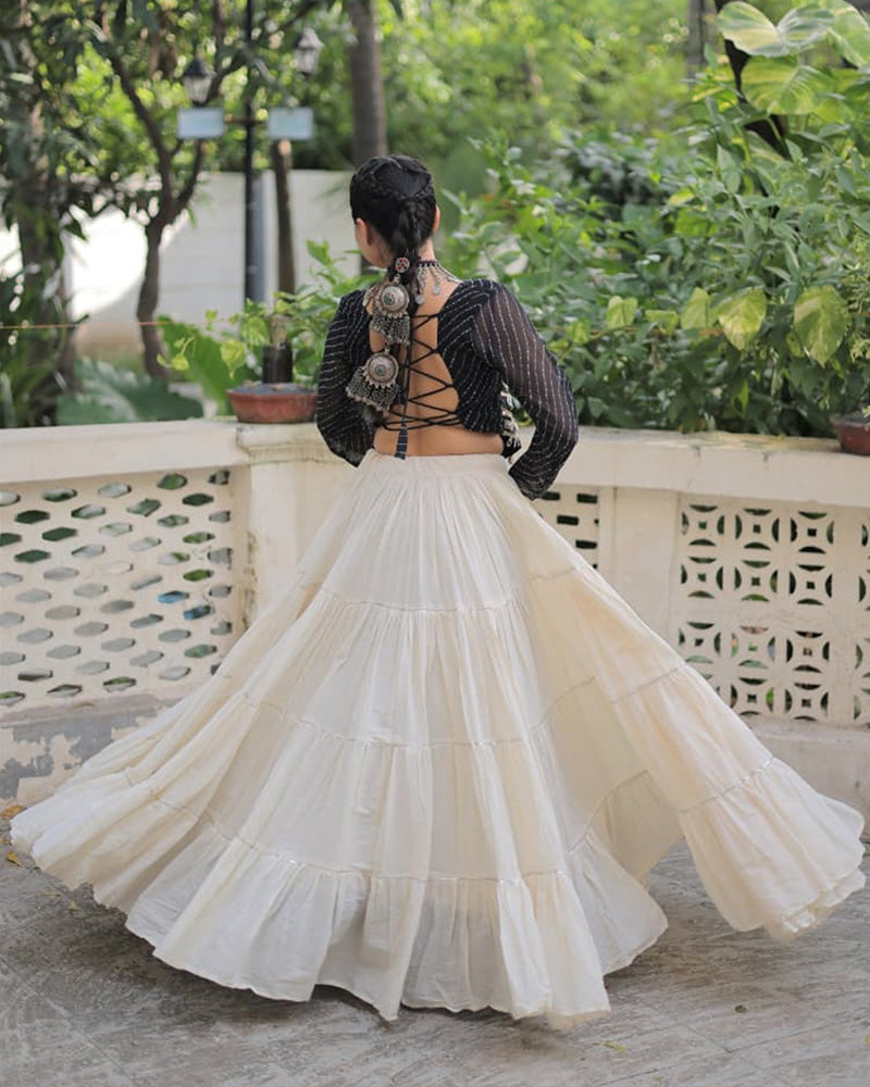 Black Color Laheriya Print Kurti With Kora Cotton Lehenga