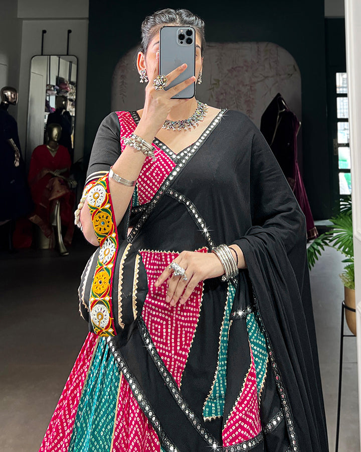 Sky And Pink Bandhej And Ajarakh Print Rayon Navratri Lehenga Choli