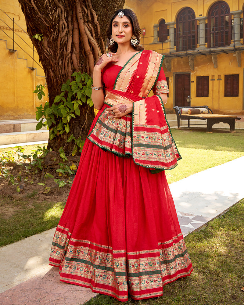 Red Color Pure Nylon Chanderi Plain Half Saree