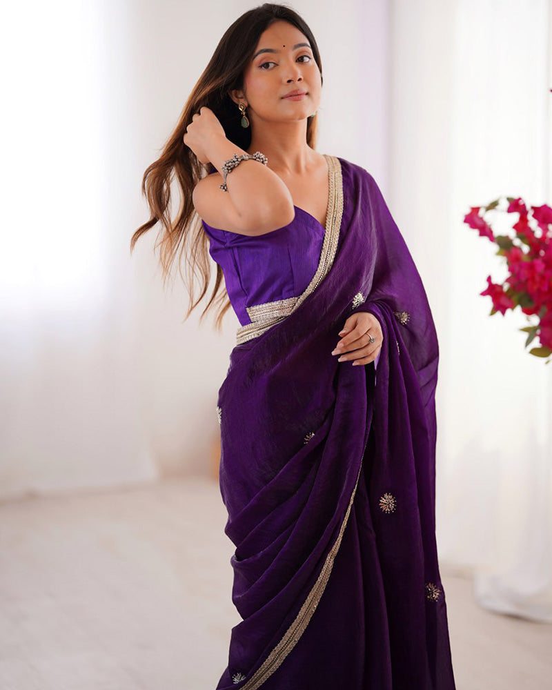 Purple Color Smooth Fandy Embroidered Saree