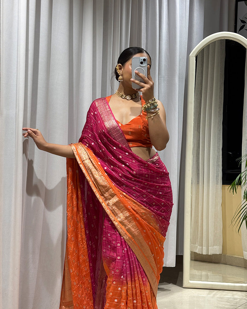 Orange Pink Color Chinon Dyeing Saree