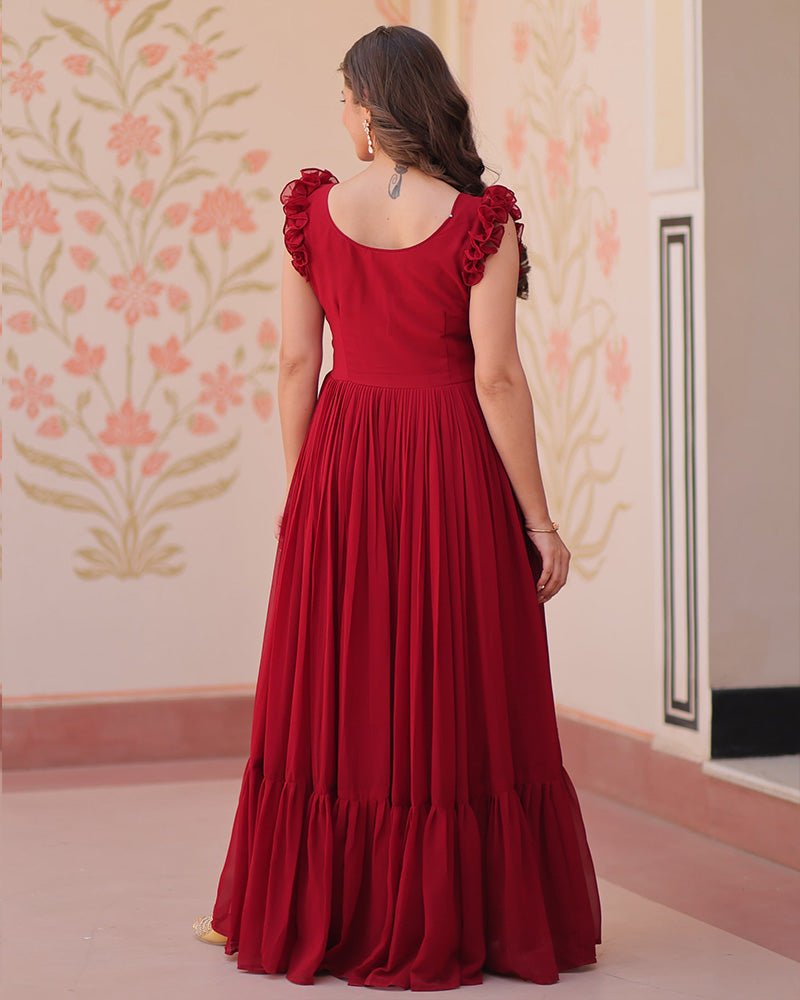 Red Color Faux Blooming Embroidered work Gown