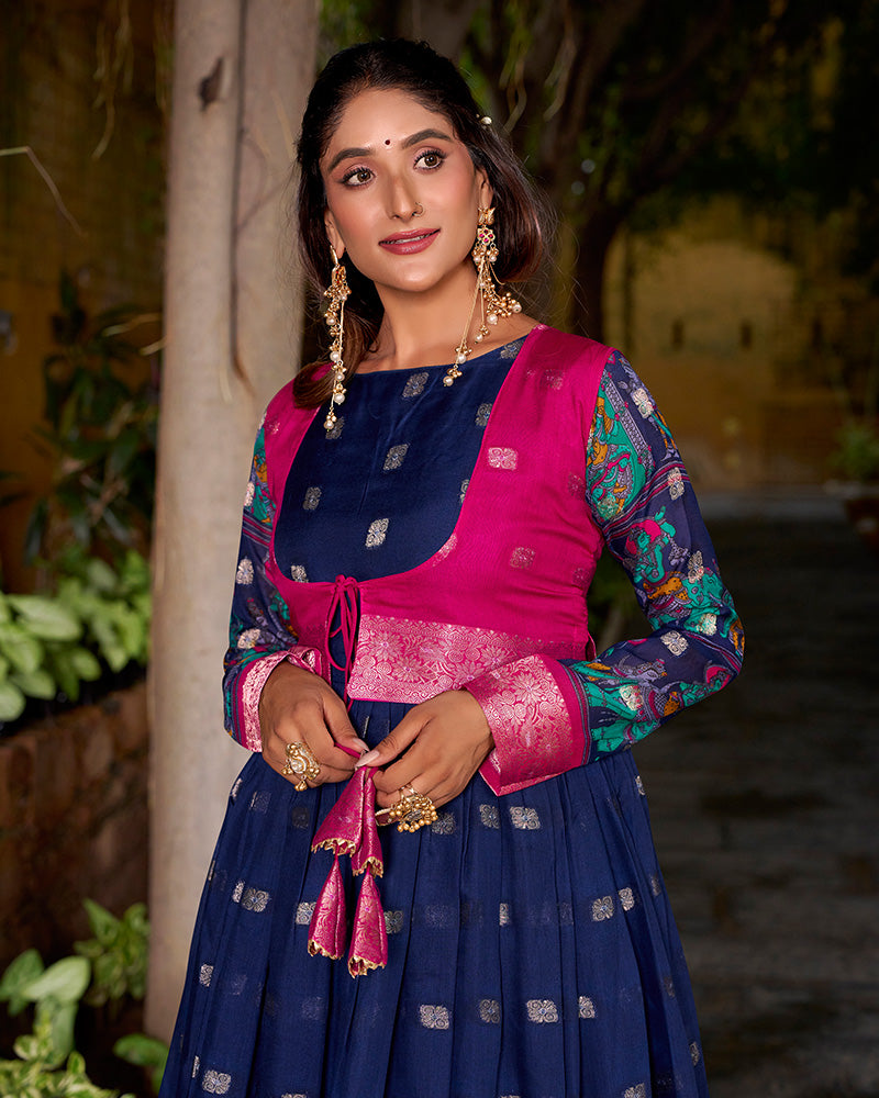 Elegant Navy Blue Color Poly Cotton Gown With koti