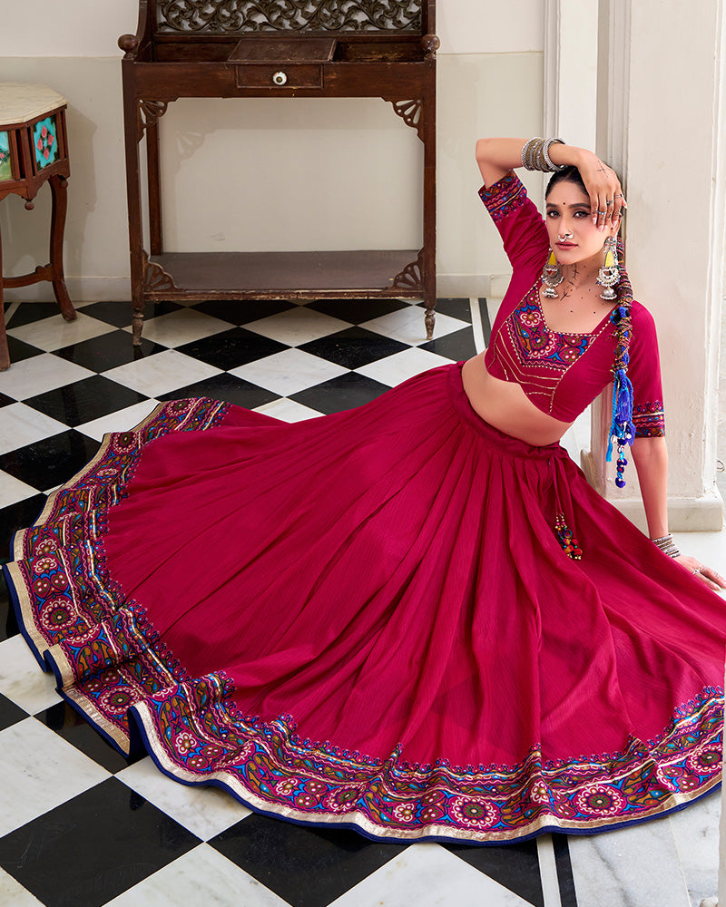 Pink Color Tussar Silk Full Stitched Navratri Lehenga Choli