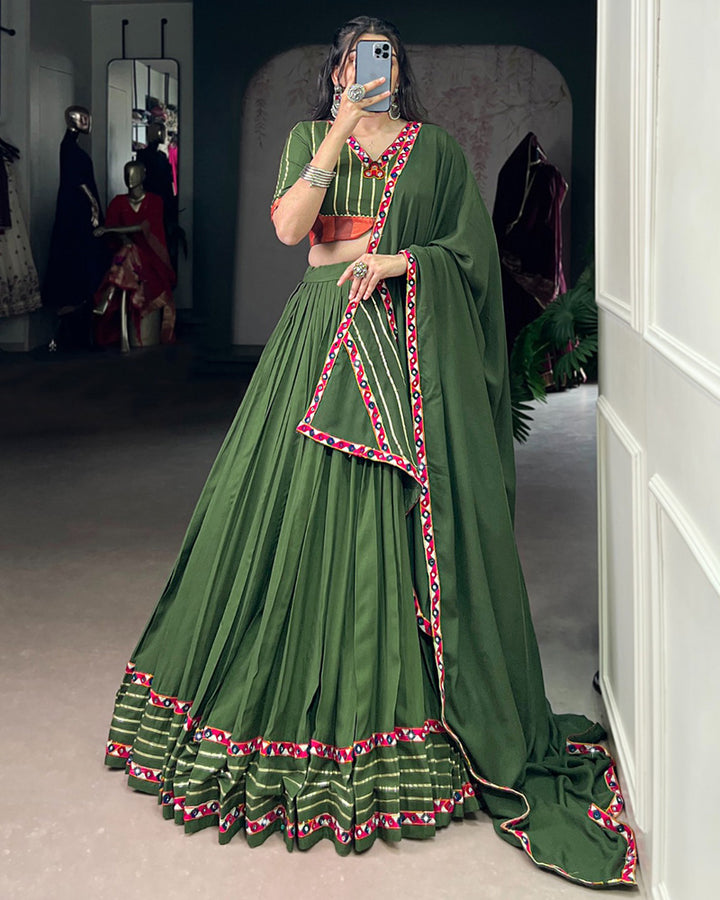 Elegant Mehndi Color Pure Rayon Navratri Lehenga Choli