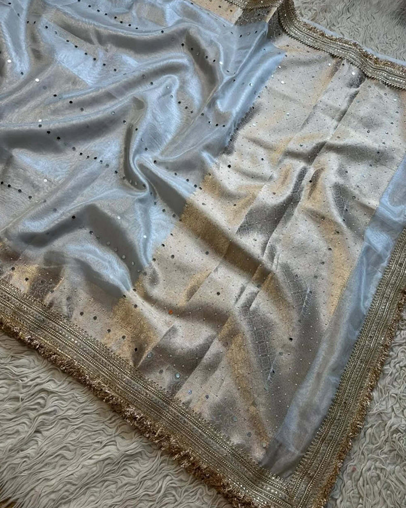 Grey Color Glass Banarasi Tissue Silk Saree