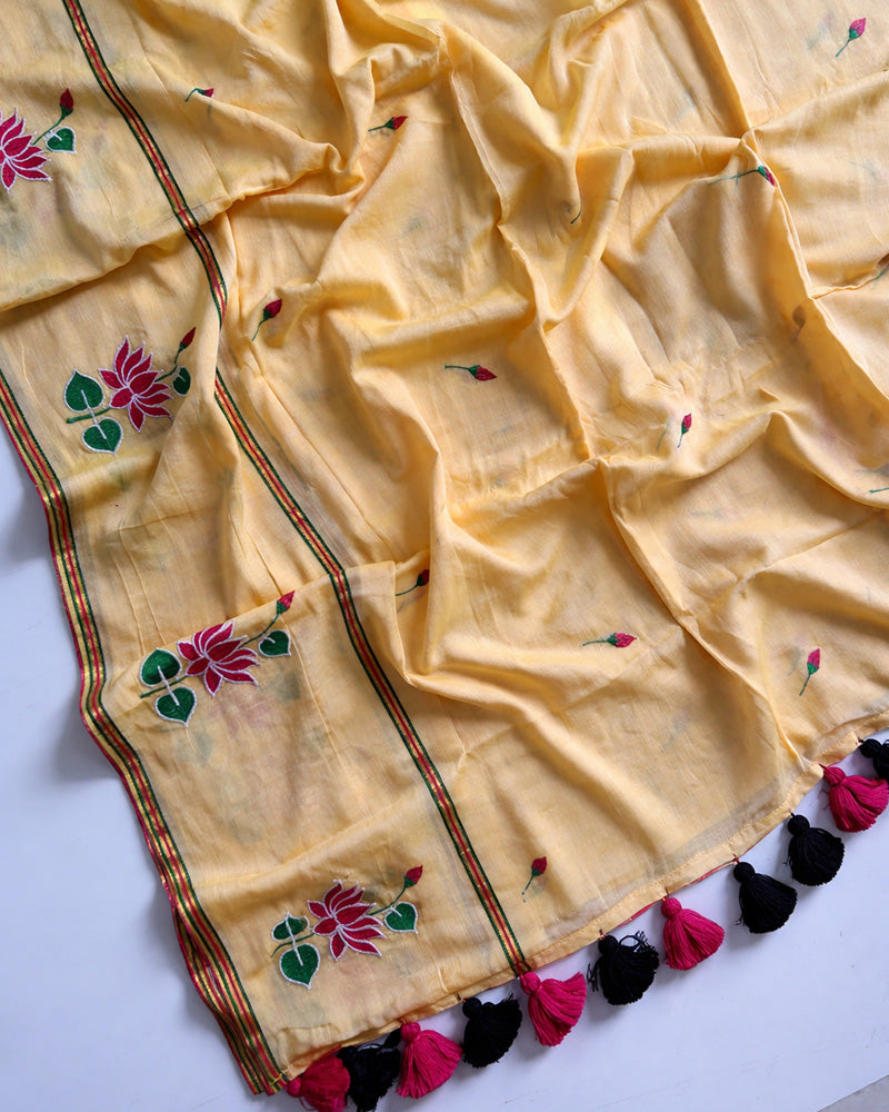 Yellow Color Pure Mal Cotton Lotus Work Saree