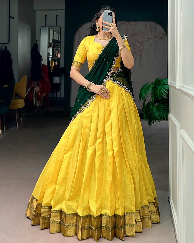 Yellow Color Cotton Silk Designer Half Saree