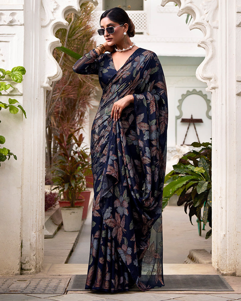 Navy Blue Color Lurex Brasso Viscose Saree