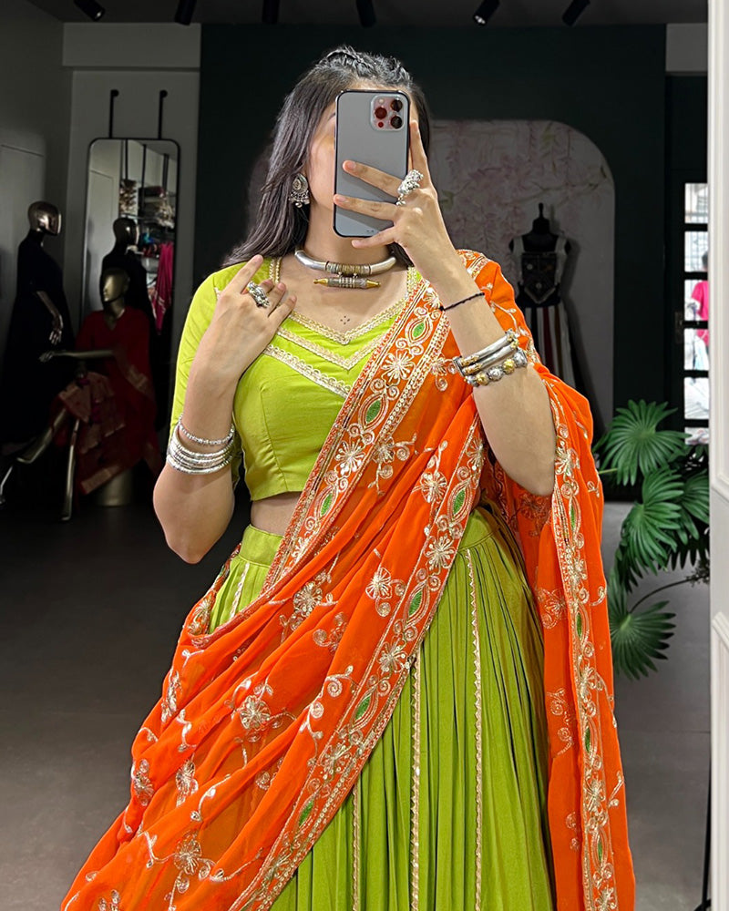 Traditional Parrot Green Color Pure Rayon Lehenga Choli