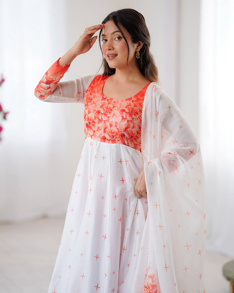 Orange Color Flower Print Tabby Organza Anarkali Suit