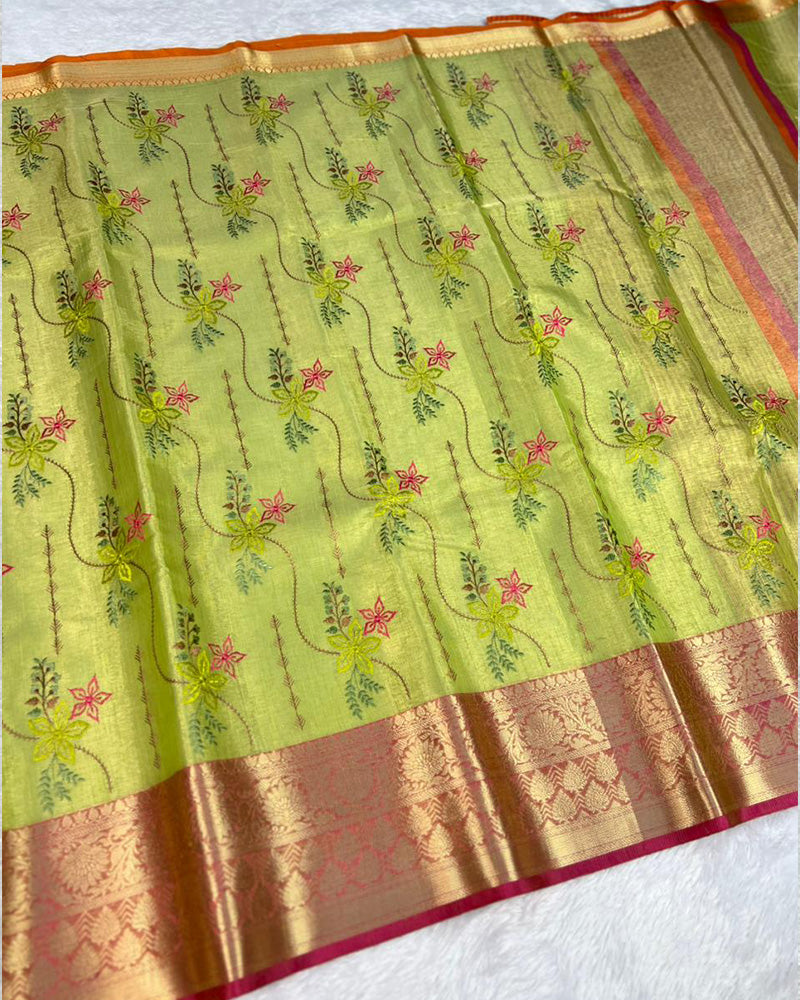 Mehndi Color Tissue Silk Floral Embroidered Saree