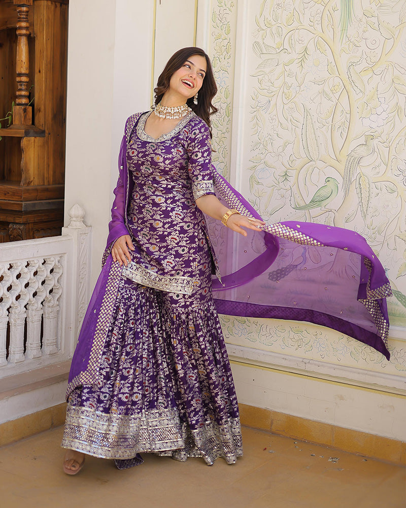 Purple Color Viscose Jacquard Three Piece Gharara Suit