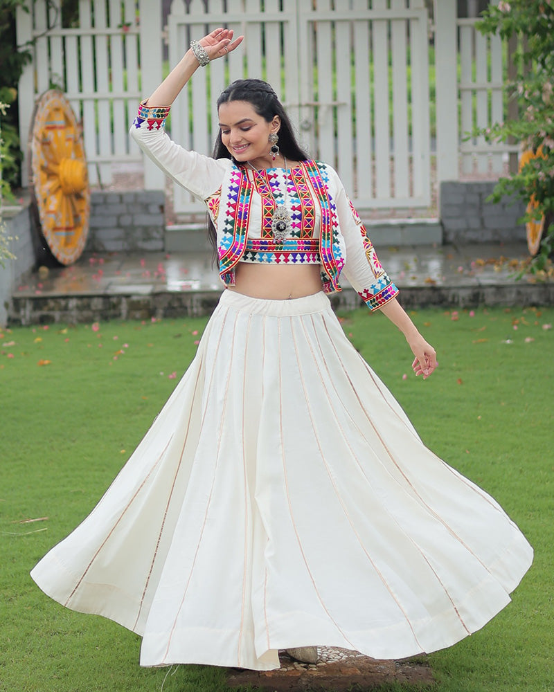 Elegant Off-White Mirror Work Navratri Lehenga With Jacket Style Blouse