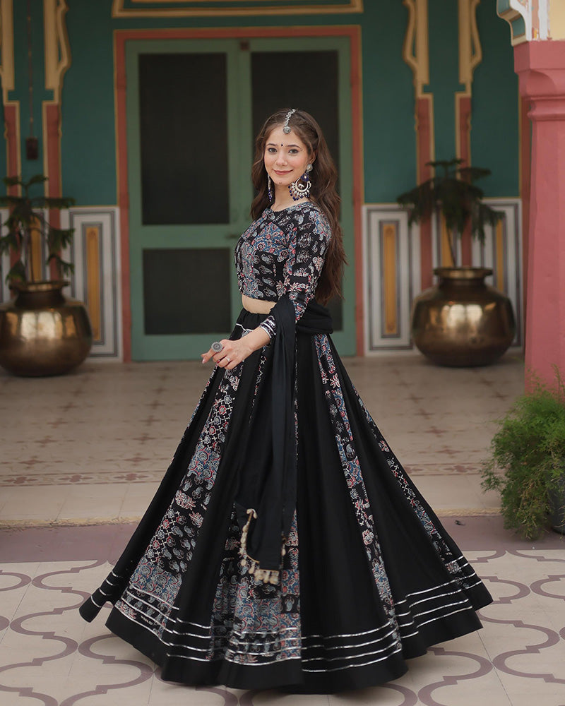 Black Color Rayon Printed Navratri Lehenga Choli