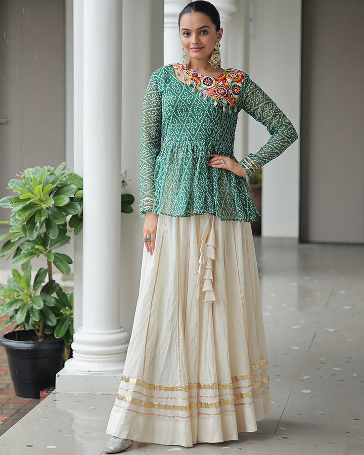 Green Bandhani Style Peplum Choli With Kora Cotton Lehenga
