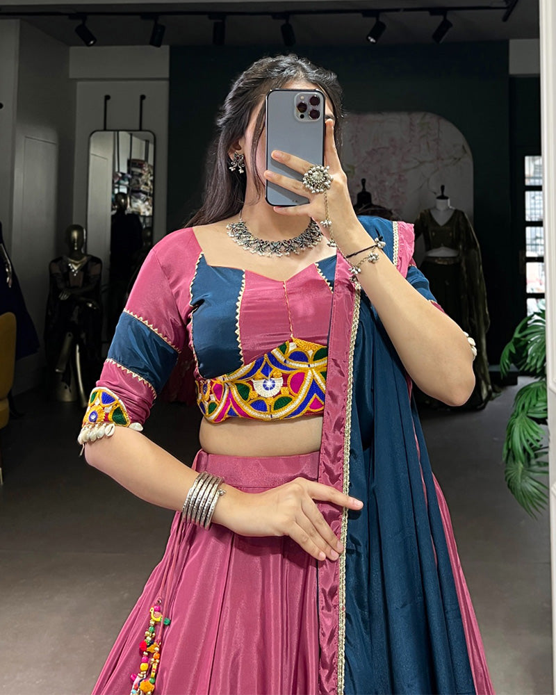 Graceful Pink And Navy Blue Silk Crape Lehenga Choli With Elegant Dupatta