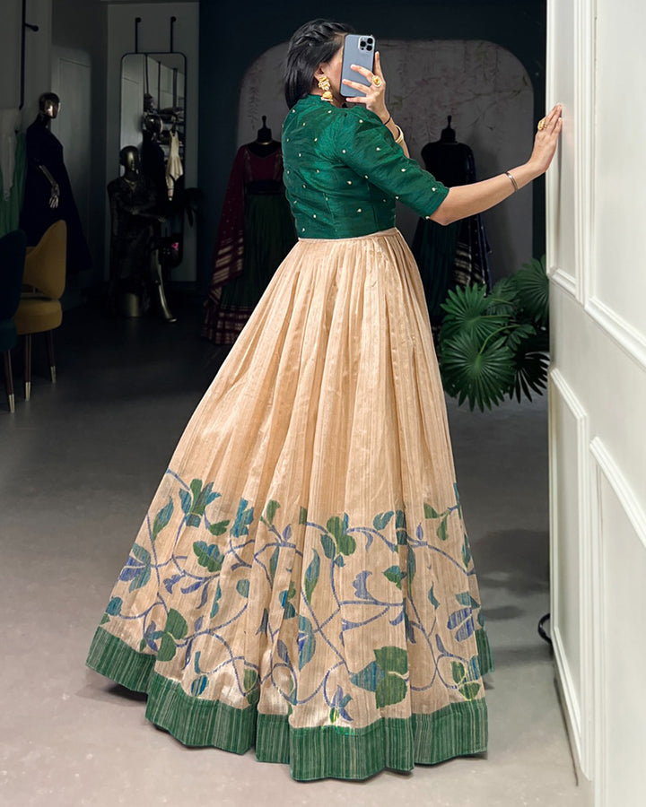 Green Color Green Silk Printed Gown With koti