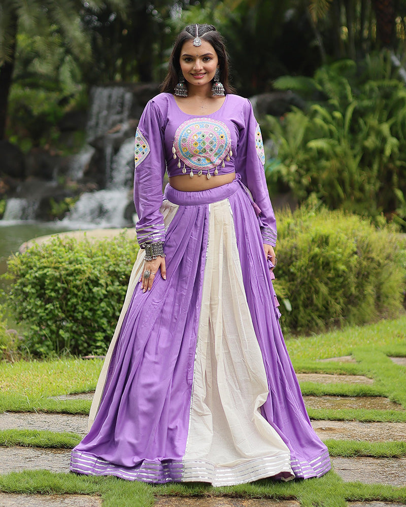 White And Lavender Color Rayon And Cotton Navratri Lehenga Choli