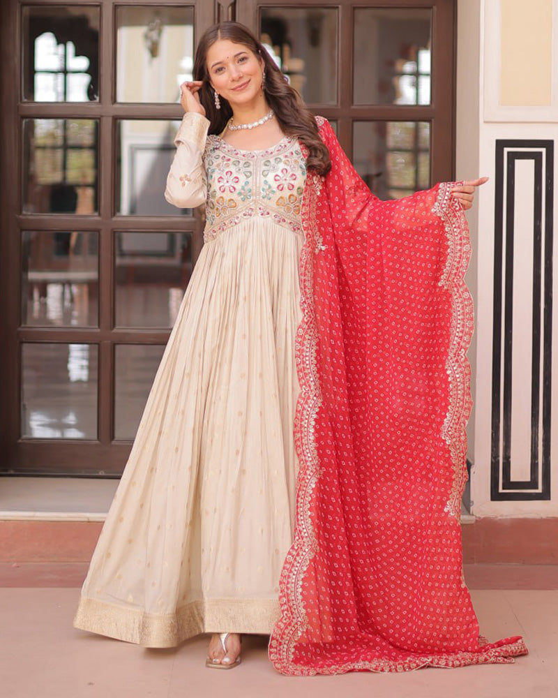 Off-White Color Jacquard Gown With Red Dupatta