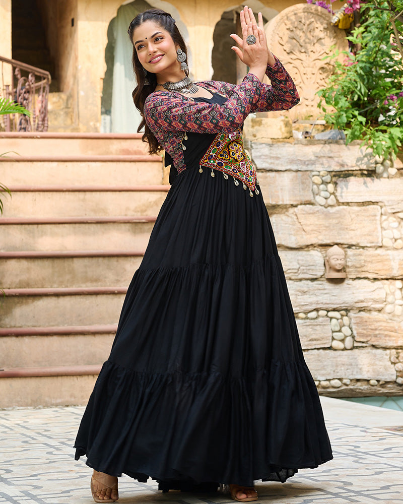 Classic Black Mirror Embroidered Rayon Gown For Navratri