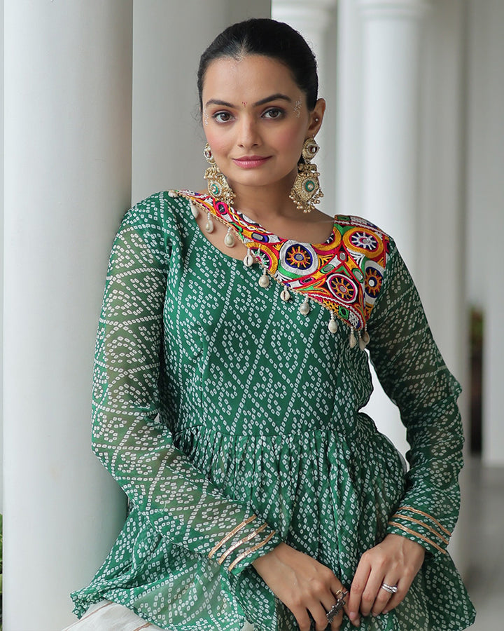 Green Bandhani Style Peplum Choli With Kora Cotton Lehenga